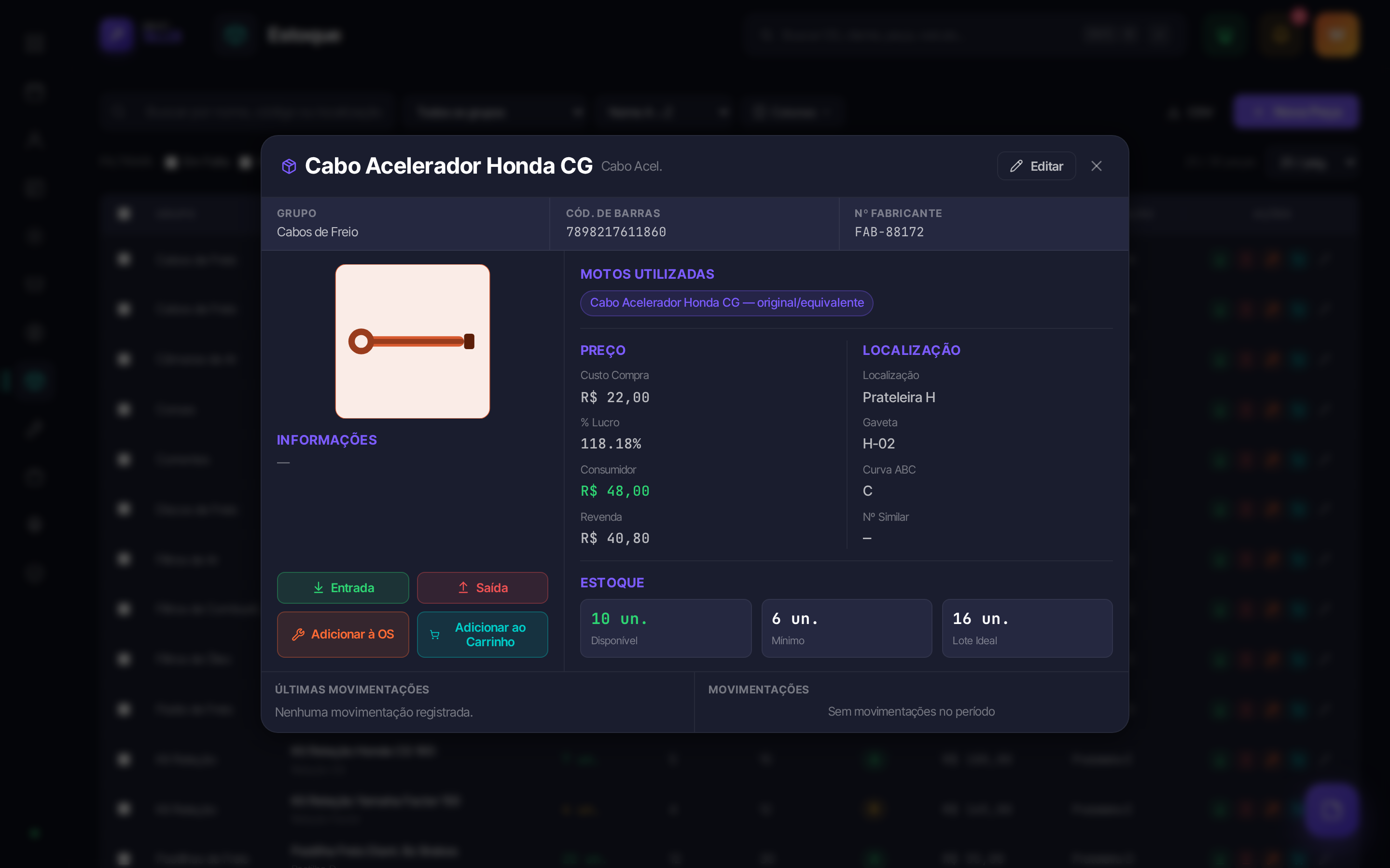 Detalhe de uma peça com fornecedor, custo, lucro, veículos compatíveis e histórico de movimentações